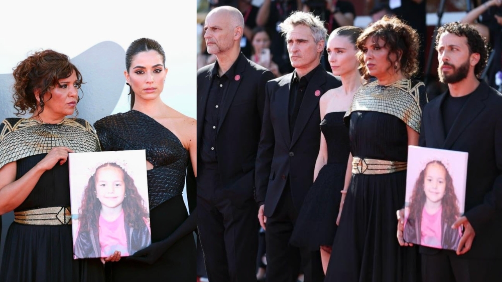 Para Produser dan Pemain membawa foto Hind Rajab dalam Festival Film Internasional Venezia 2025